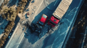 image shows serious accident involving semi truck and small sedan
