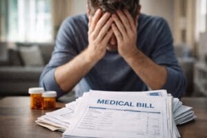 man stressed over medical bills wondering how medical bills are paid after a car accident in Arizona